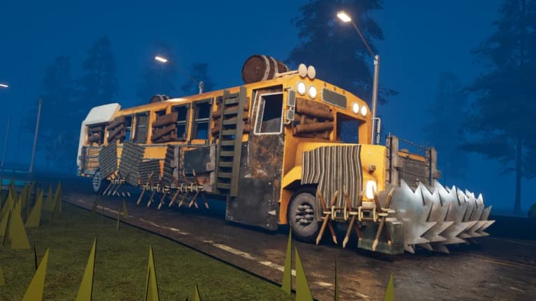 Armored school bus travelling through the dangerous world of Last Stop